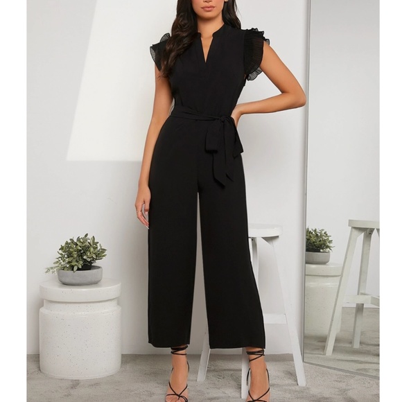 Rouge! Pants - Black Elegant Belted Jumpsuit V-Neck Cap Short Sleeve